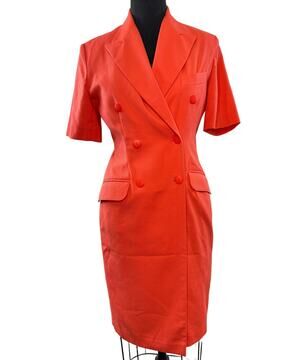 VINTAGE Rodier Coral Orange Blazer Dress Peak Lapel Double Breasted 38 FRANCE